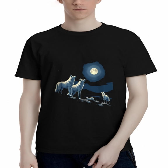 Men's Cotton Short Sleeve T-Shirt - Artistic Wolf Design Under Full Moon Nature-Inspired Tee Perfect for Wilderness Lovers