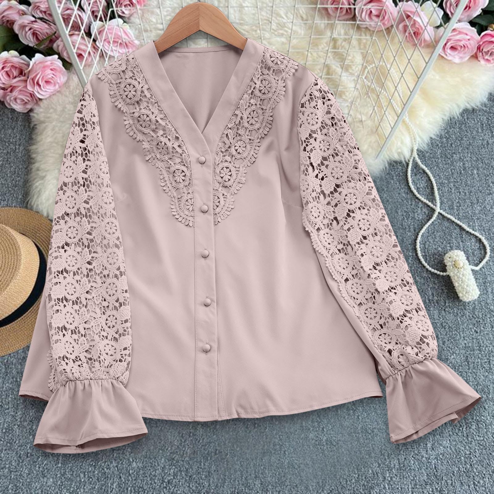 Summer 2026 New Fashion Women's Elegant Lace Shirts Solid Color V