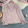 thumbnail image 2 of YUGYXL Lace Crochet Top for Women Long Sleeve V-Neck Button Down Shirt Elegant Lace Trim Blouse Dating Work Tops Pink XXL, 2 of 9
