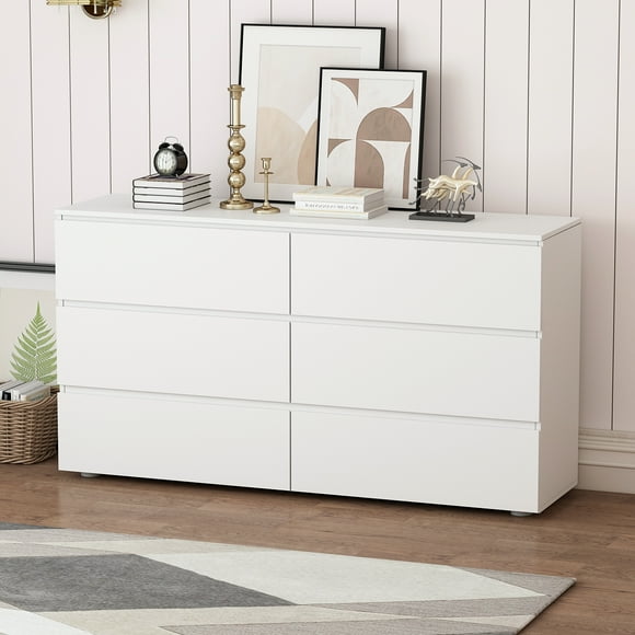 OXYLIFE 6 Drawer White Double Dresser, Wood Dresser Chest Vertical Storage Organizer Unit for Bedroom, Living Room, Hallway