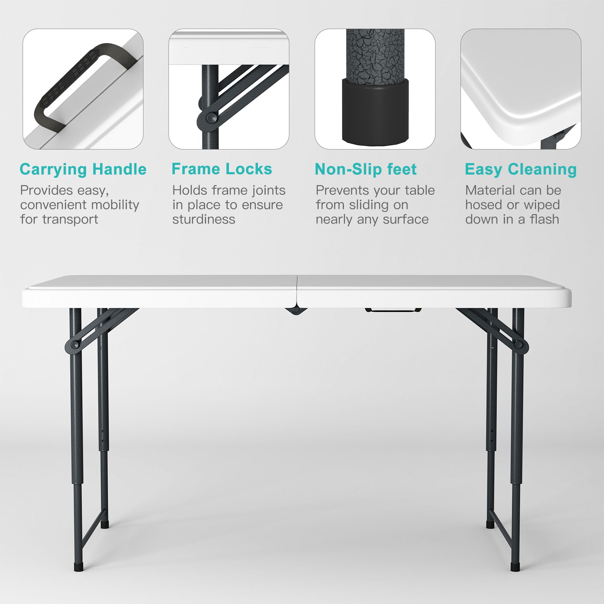 Demi Bonn 4ft Plastic Folding Table with Height Adjustable, Multipurposedoor Outdoor Duty Portable Rectangle Table with Handle, Lock for Picnic, Party, Camping, White