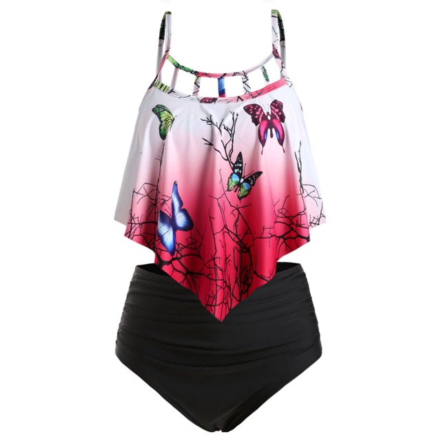 Más el tamaño de Ombre de la mariposa Imprimir superposición de Tankini del traje de baño Rosegal Mangas largas de talla grande