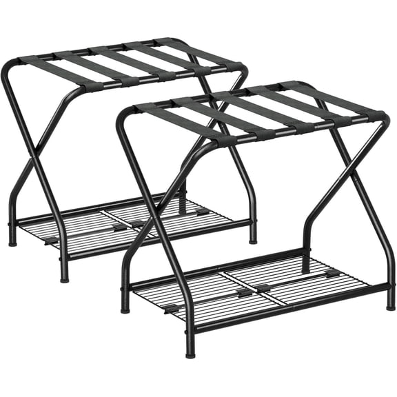 Luggage Rack, Set of 2, Suitcase Stand with Storage Shelf, Foldable Metal Luggage Holder for Guest Room, Bedroom, Hotel LR-BK-2