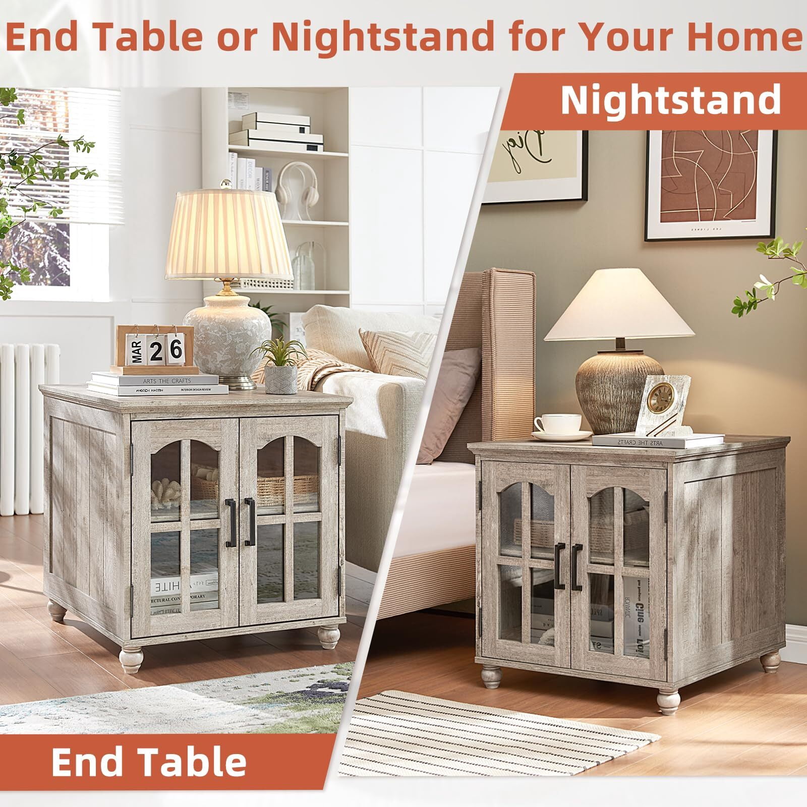Buildhom Farmhouse End Table with Charging Station, 24" Wide Nightstand with Glass Barn Door and Adjustable Shelf for Living Room, Grey