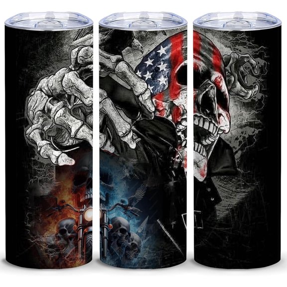 20 Oz American Skull Gift for Men,Motorcycle Cup for Men,Skull Tumbler Cup Water Bottle,Novelty Birthday Gifts for Him,Dad''s Day Gift, American Flag Stainless Steel Double Wall Slim Tumbler with Lid