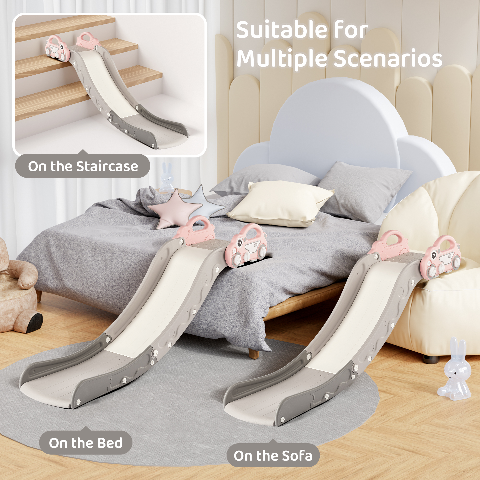 DUKE BABY Kids Indoor Slide for Sofa and Stairs Slide Attachment to Toddler Bed and Nugget Couch for Kids Age 1-5, Pink Grey
