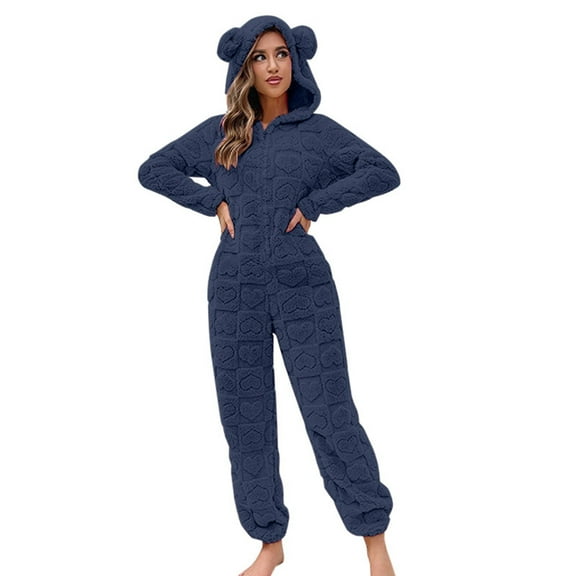 DHFJKG Women's Warm Fuzzy Hooded Zipper Onesie Jumpsuits Loungewear Solid Color Heart Jacquard Long Sleeve Playsuit Nightwear With Ear Hood Leisure Homewear