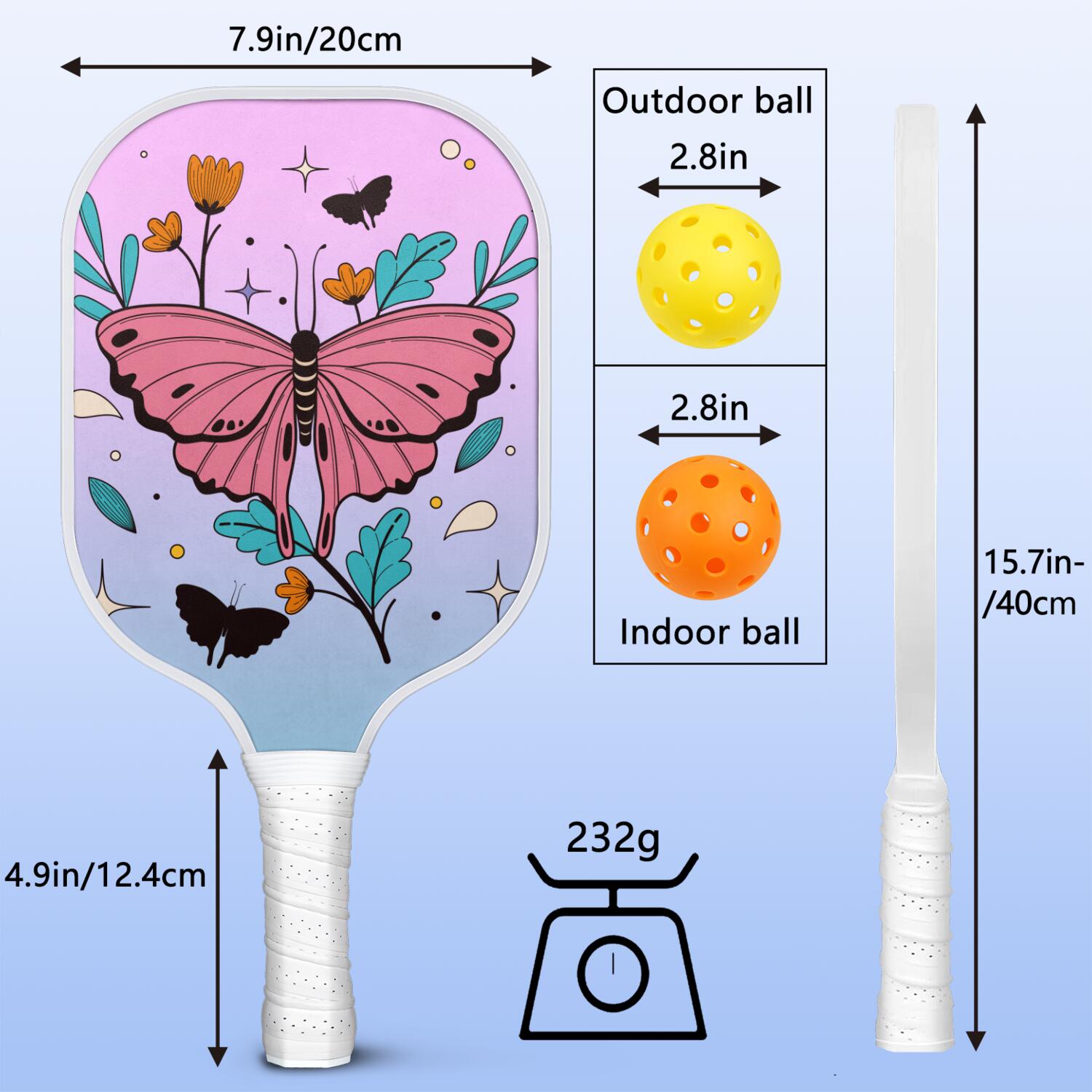Pickleball Paddles Set Of 2, Fiberglass Surface, Butterfly Print, 4 Balls & Bag