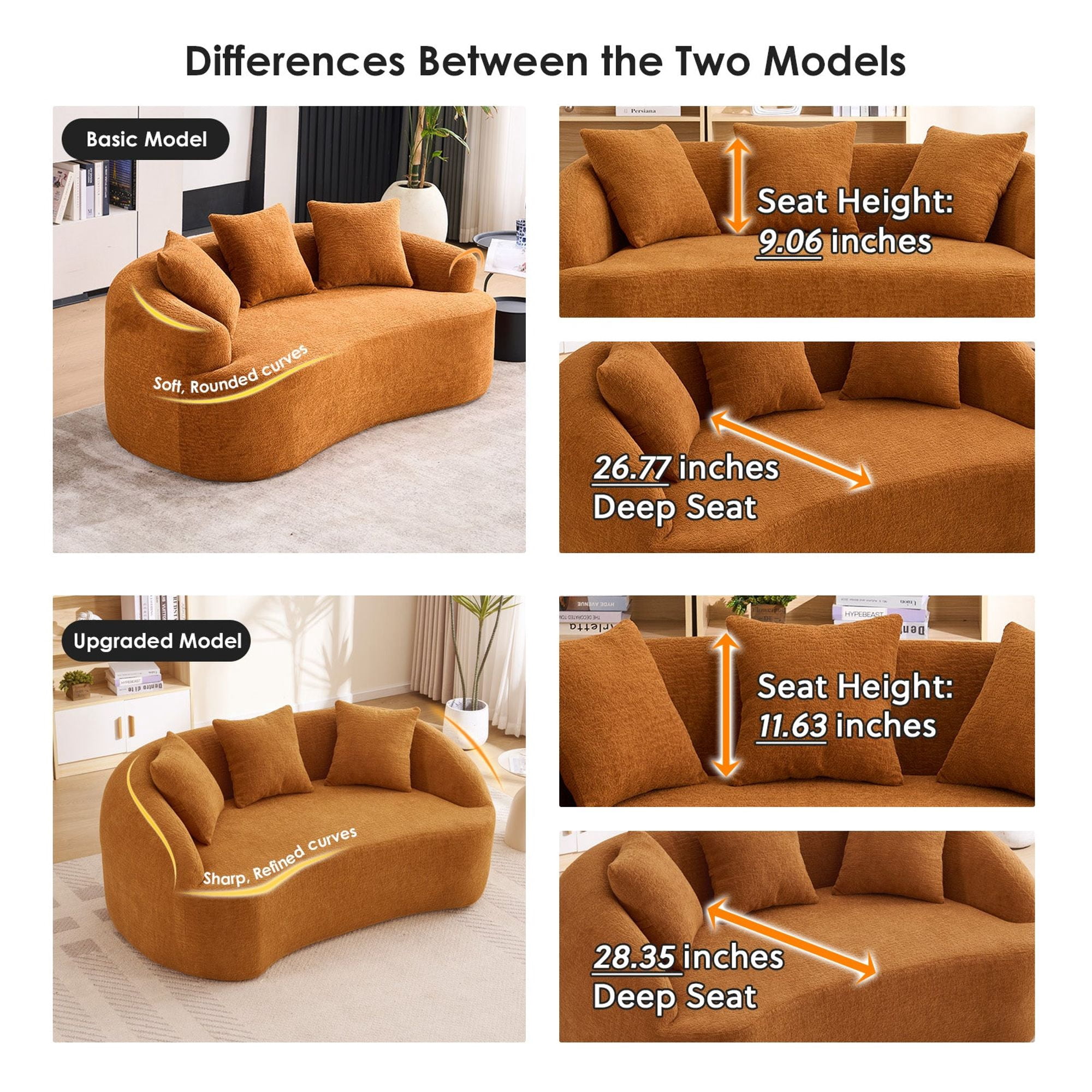 Sailvan Curved Modern Boneless 2-Seater Chenille Sofa Loveseat with 3 Pillows