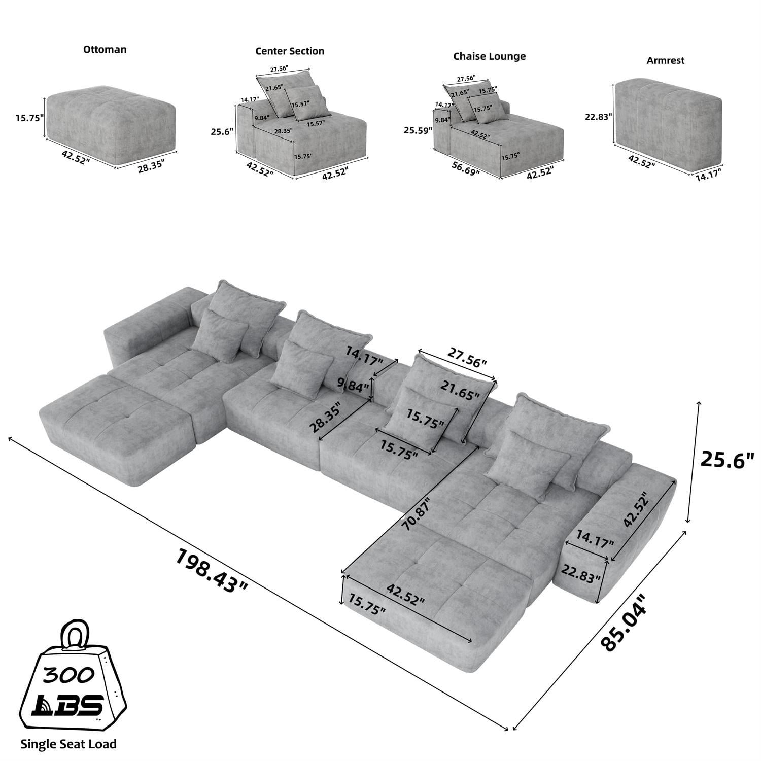Demi Bonn 127" Modular Sectional Sofa with 8 Throw Pillows, Plush Chenille Upholstery DIY Tufted Couch for Living Room, No Assembly Needed, Blue