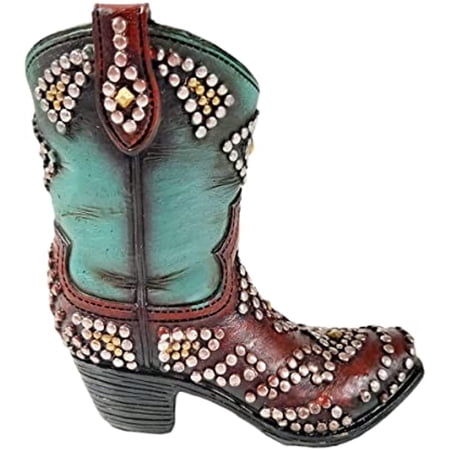 Urbalabs Western Mini Cowboy Boot Vase Toothpick Pencil Holder Teal Red Pink Cowboy Flower Vase Decorative Boots Vases Rustic Decor Country Living Wedding Centerpiece (Studded Teal)