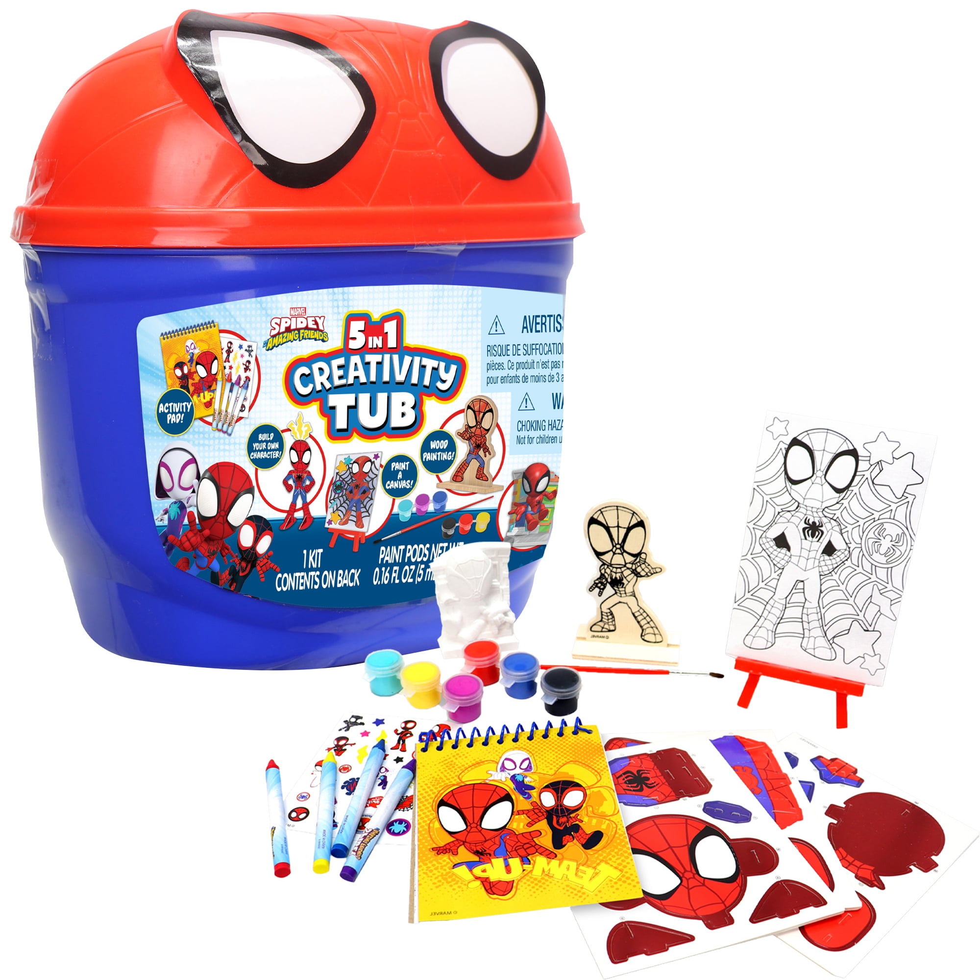 Tara Toy: 5-In-1: Creativity Tub - Spidey & His Amazing Friends - Build A Marvel Character, Canvas-Wood-Plaster Painting, Activity Pad, Kids Ages 3+
