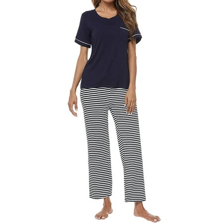 

ZXZY Women Short Sleeves Solid Color Top Striped Long Pants Loungewear Pajama Set