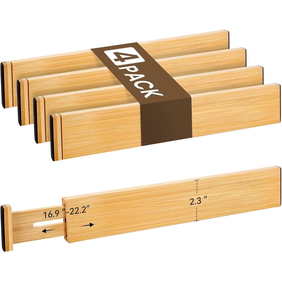 Bamboo Drawer Divider Set of 4, Adjustable Spring-Loaded Organizer (16.9"-22.2"), 2.3" Height, Suitable for Kitchen, Desk, Bathroom, Clothing, and Miscellaneous Organization, Natural