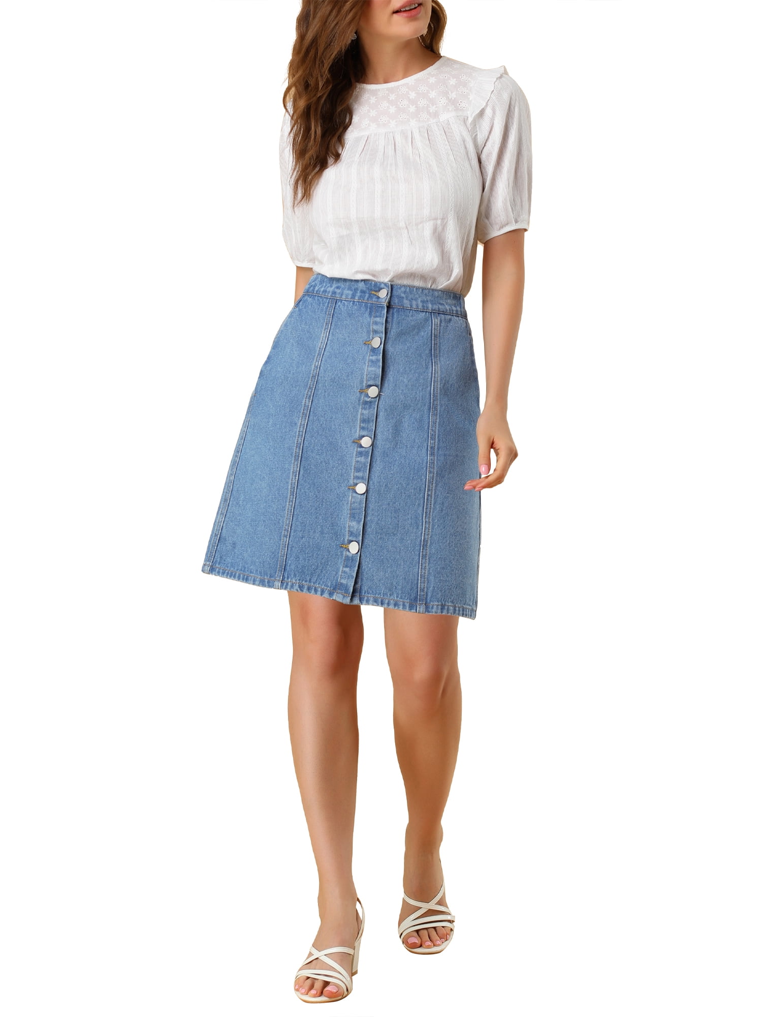 DARING DIVA Women's A-line Button Front Denim Short Skirt S Light Blue