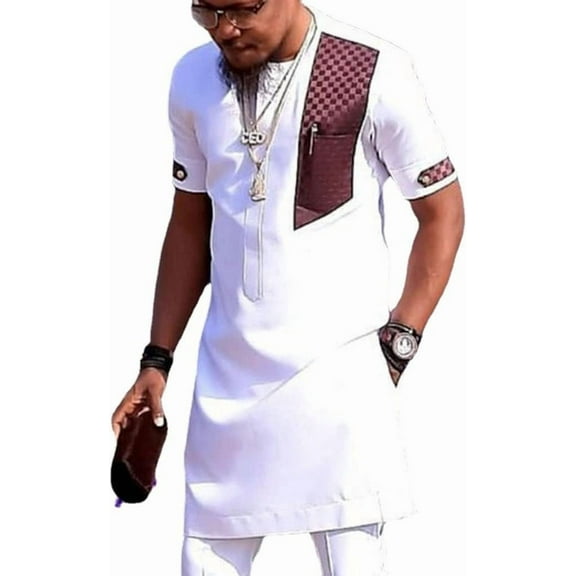 Men's African 2 Piece Set Dashiki Suit Short Sleeve Shirt and Pant Slim Fit Outfit Traditional Suit Clothing