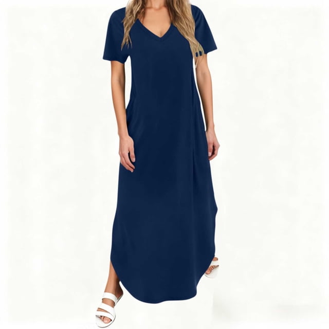 TIMIFIS Robe d'Été à Manches Courtes pour Femme, Couleur Unie, Col en V, Robe Maxi, Vacances, Plage, Robes Soleil avec Poches