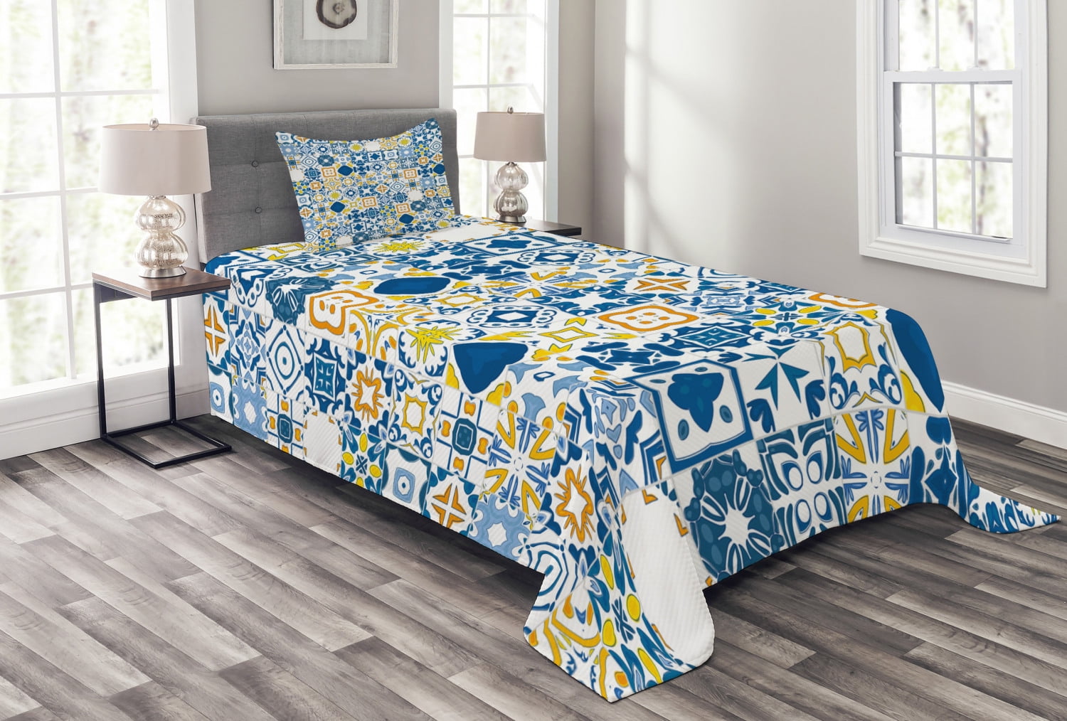 Yellow and Blue Bedspread Set Twin Size, Mosaic Portuguese Azulejo