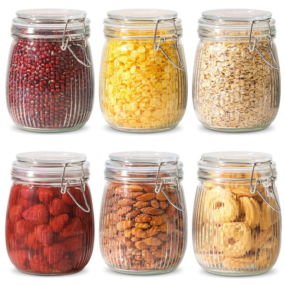 Airtight Glass Jars with Lids 26 oz Set of 6, Glass Storage Containers with Lids, Glass Jars, Mason Jars, Striped Clip Fastening Jars