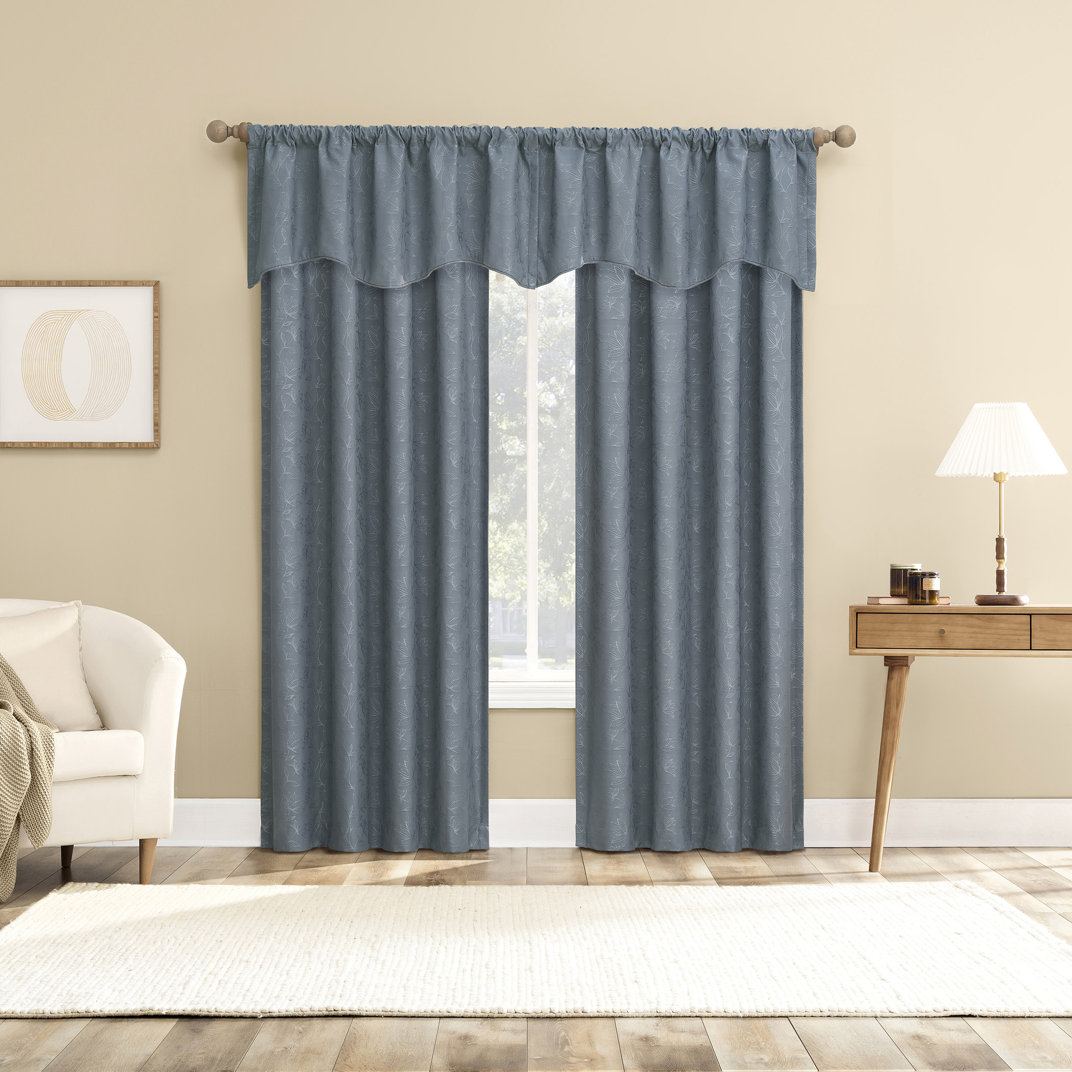 Sun Zero Bronte Floral Jacquard 100% Blackout Rod Pocket Curtain Panel, 50"W X 84"L, Denim Blue