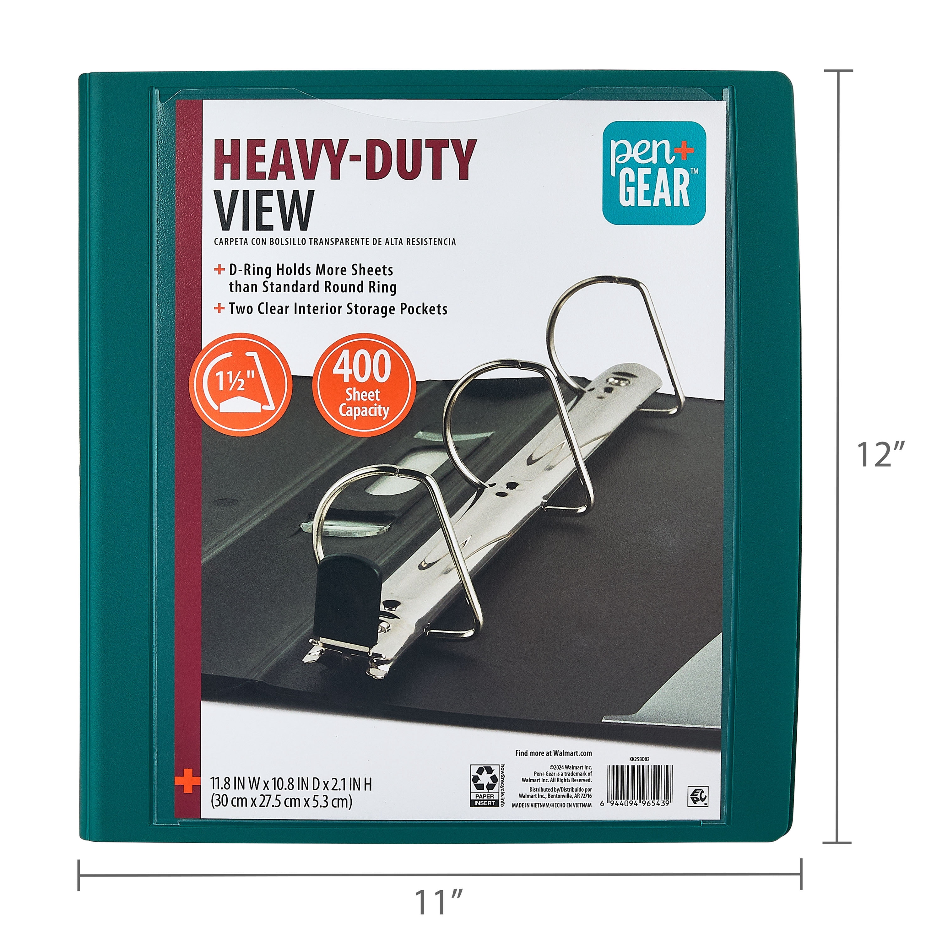 Pen+Gear Heavy Duty View 1.5" D-Ring Binder, Green