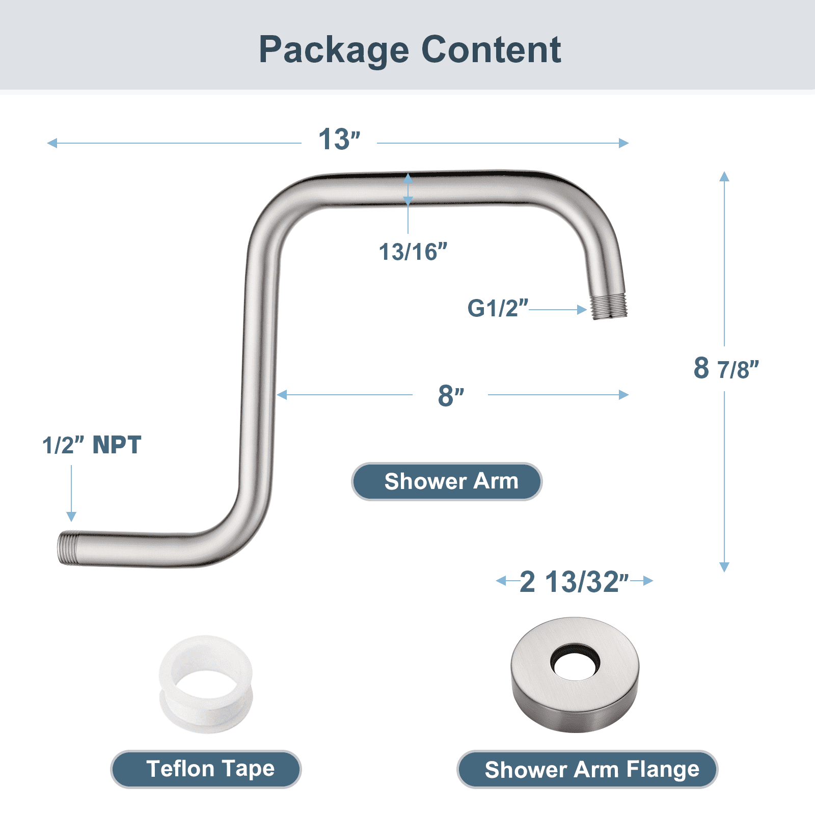 BRIGHT SHOWERS 13 Inch Shower Head Extension Arm with Flange S Shaped High Rise Extender, Long Stainless Steel Rainfall Shower Head Pipe Arm, Brushed Nickel