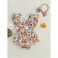 thumbnail image 2 of vera natura Infant Baby Girl Halloween Jumpsuit with Bow Headband Pumpkin Print Flutter Sleeve Square Neck Romper, 2 of 8