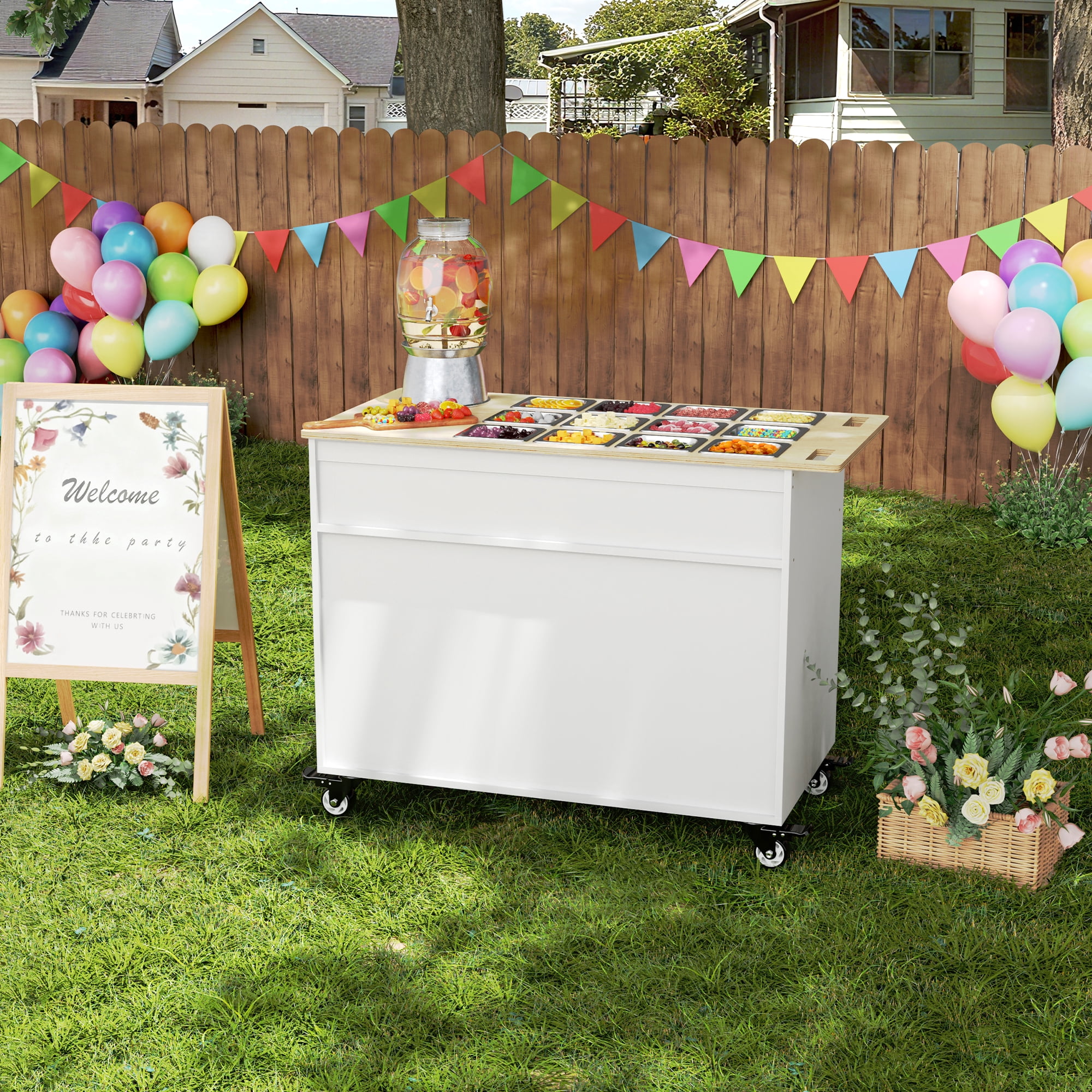 GDLF Charcuterie Cart with Stainless Steel Food Pans, Mobile Pizza Topping & Salad Bar Station, Buffet Serving Table