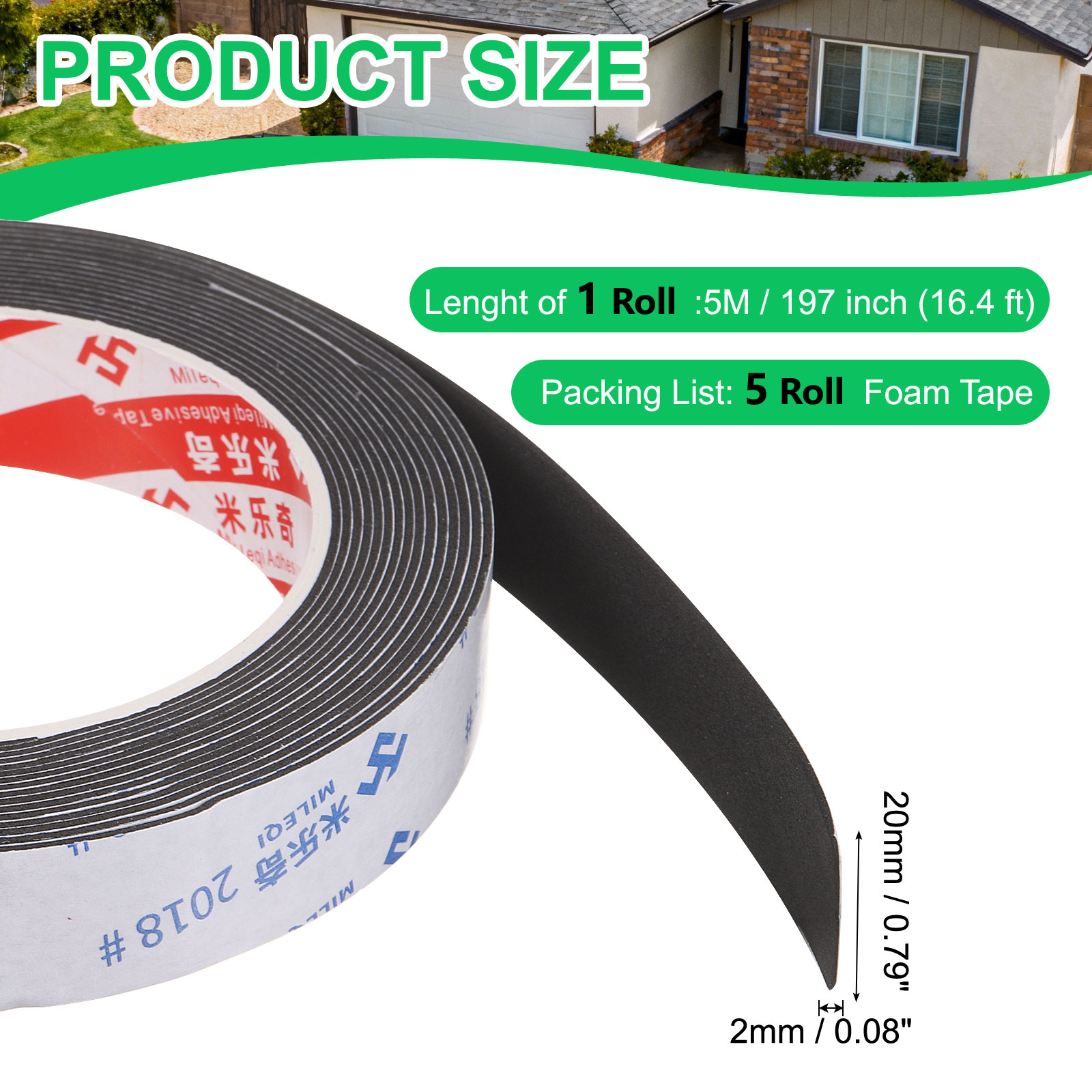 Uxcell 5Roll Sponge Rubber Foam Tape, 25/32" W x 5/64" t x 16.4ft l Self-Adhesive Foam Insulation Tape Weather Stripping for Window Door Soundproofing Weatherstrip AC Seal Strip, Black