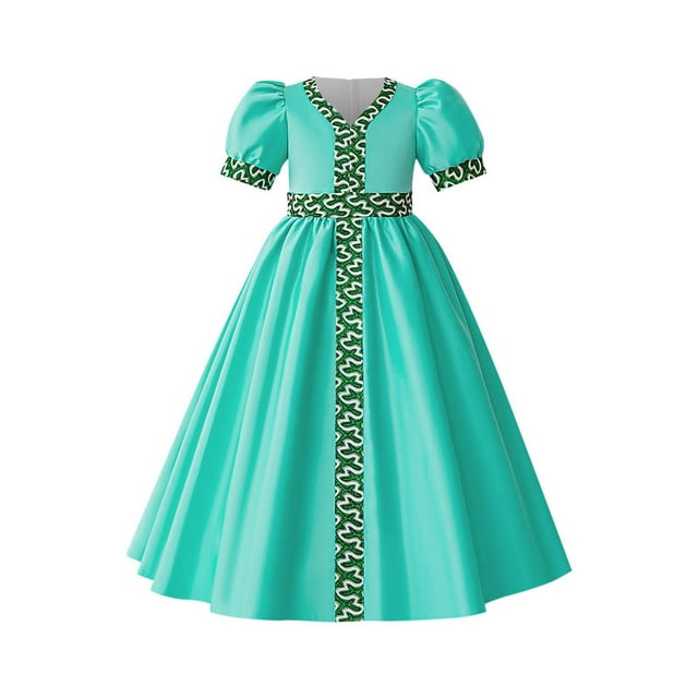 Bwiyojiz Tailles de Mode 110-140 Robe Musulmane en Coton pour Filles Princesse Banquet Manches Courtes Soirée Brodée Exquise Performance Longue Col en V, Vert