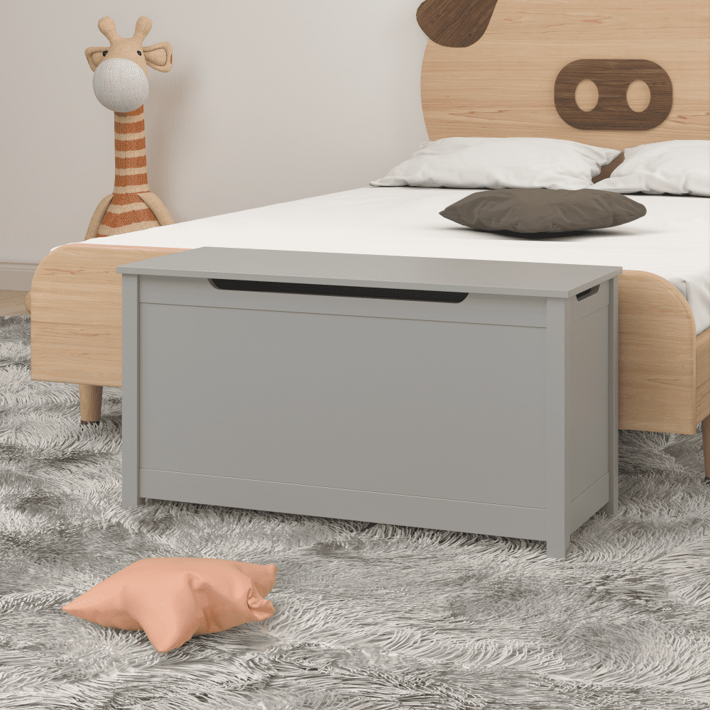 Kids Wooden Toy Box, Storage with Safety Hinged Lid, Modern Toy Storage Organizer for Living Room, Bedroom, Toddler Room, Gray