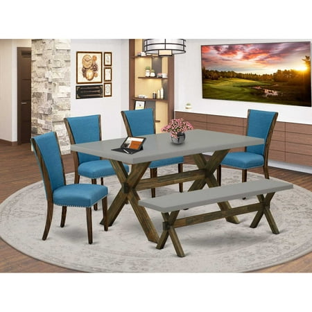 East West Furniture X797VE721-6 6 Piece Mid Century Dining Set – 4 Black Linen Fabric Upholstered Dining Chairs with Nailheads and Cement Dining Table – 1 Small Bench – Distressed Jacobean Finish