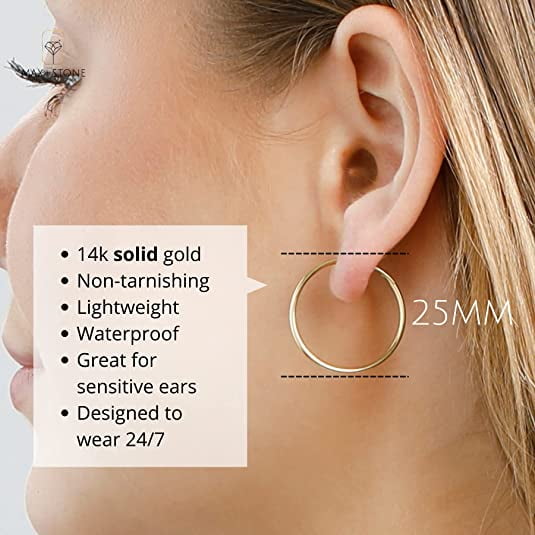 Solid 14k Gold Hoop Earrings for Women | 1.5mm Tube Yellow Gold Hoop Earrings 14k Real Gold | Flex Continuous Hoop Gold Earrings | 25mm (1 Inch) Diameter Large Gold Hoop Earrings by MAX + STONE