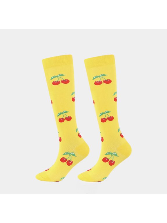 Cherry High Knee Cartoon Socks, Unisex Fun Novelty Crew Character 360 Degree Artwork Designed Socks