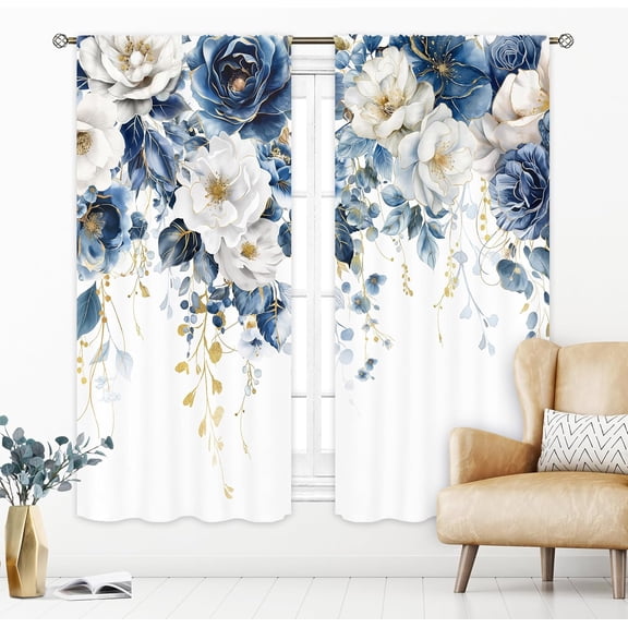Blue and White Floral Curtains 42Wx63H Inch Rod Pocket Watercolor Wildflower Flower Rose Botanical Eucalyptus Leaf Girls Art Printed Spring Living Room Bedroom Window Drapes Treatment 2 Panels