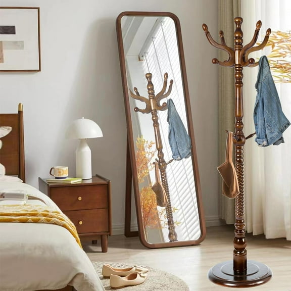 Solid Wood Coat Rack, Creative Design Coat Rack Freestanding with Stable Round Base, 70" Wooden Coat Rack Stand with 11 Hooks, Coat Tree for Home, Bedroom, Office, Hallway, Entryway (Birch)