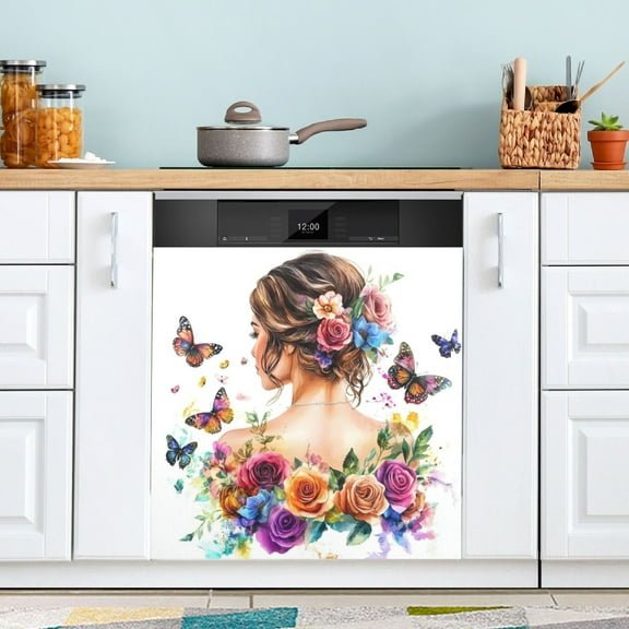 Dishwasher Sticker Dishwasher Cover Magnet Refrigerator Home Decorative Art Kitchen Panel Decal Roses and Butterflies and Beautiful Woman 23x26 Inch