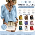 thumbnail image 2 of Women's Boho Peasant Blouse, Ruffle V-Neck Tie Front 3/4 Puff Sleeve Shirt, Loose Fit Solid Color Dressy Casual Summer Top for Work, Vacation, Beach, Travel and Everyday Wear, 2 of 6