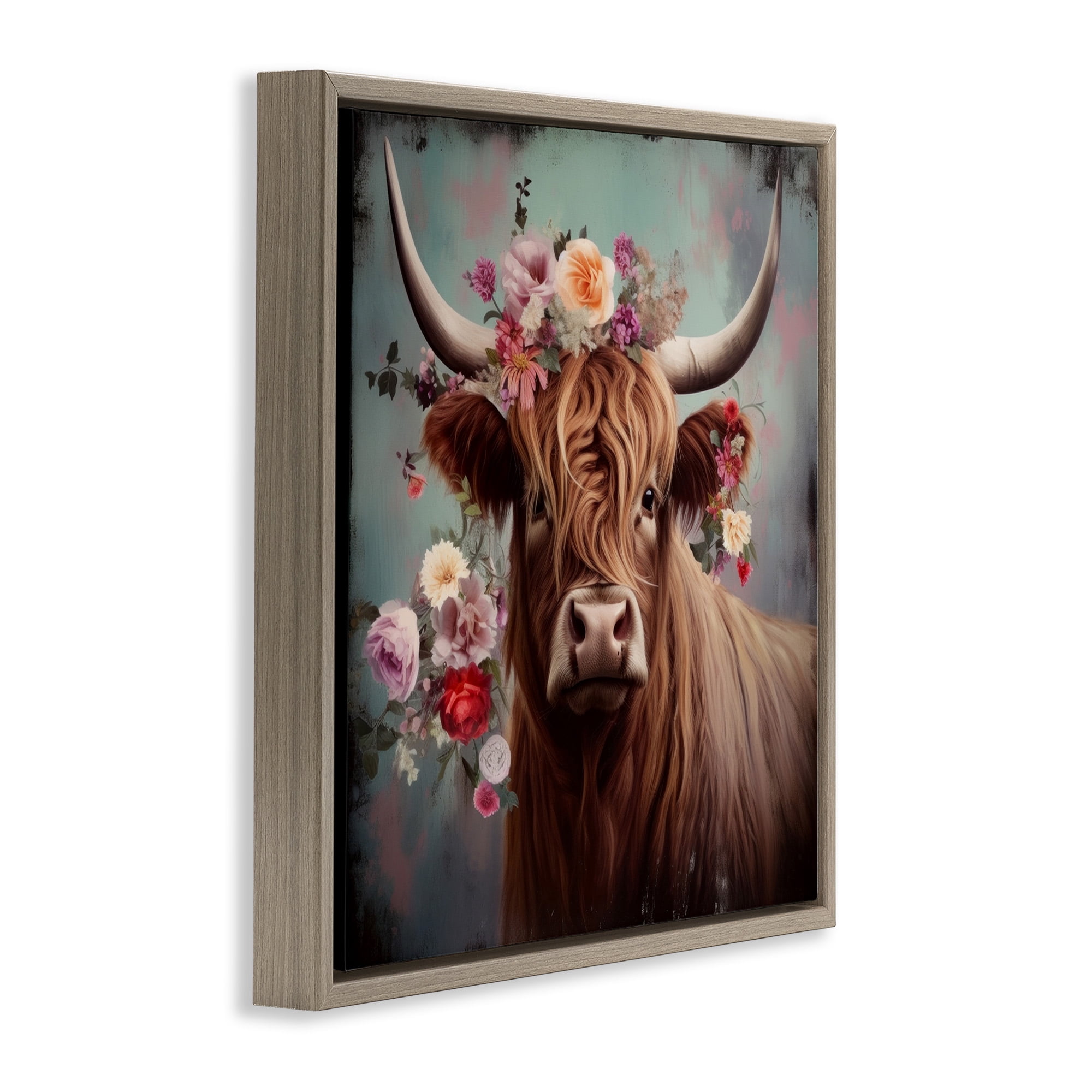 Stupell Industries Cow with Vintage Florals Animals & Insects Painting Brown Floater Framed Canvas Art Print Wall Art, 25 x 25