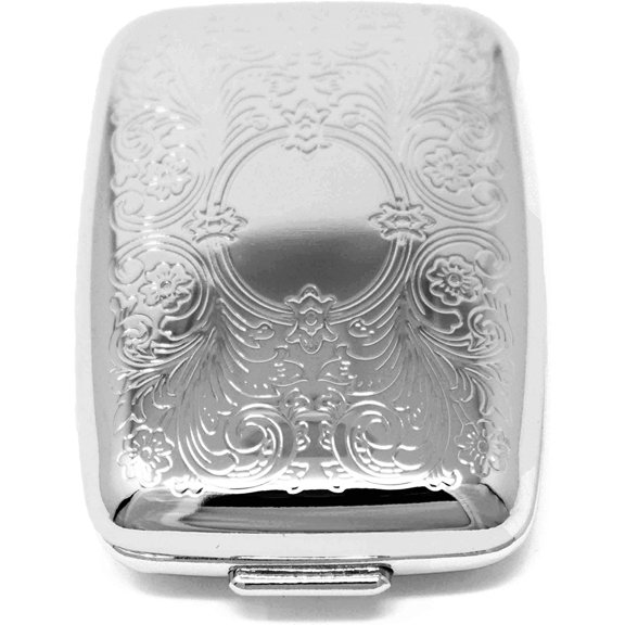 Silver Victorian Print Rectangular Curved Edges Pocket Purse Portable Travel Pill Box & Medicine Organizer (2 Compartments)