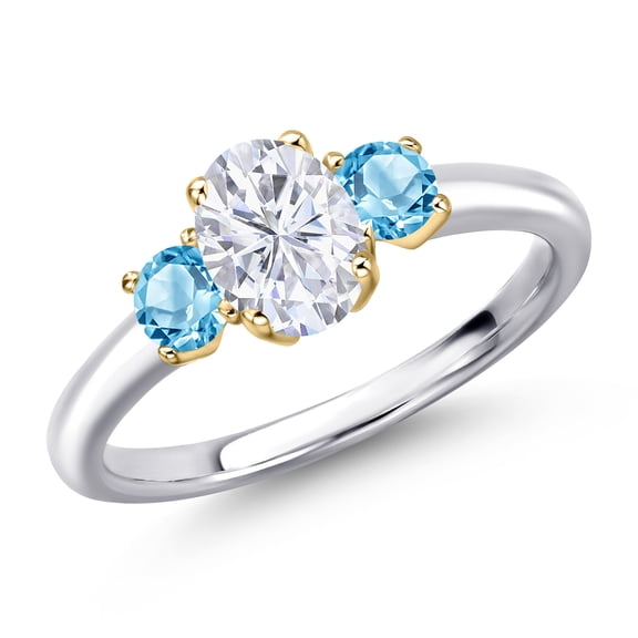 Gem Stone King 10K Two Tone Gold Forever One GHI Moissanite From Charles & Colvard and Swiss Blue Topaz Engagement Ring for Women | 1.30 Cttw | Oval 7X5MM | Gemstone Birthstone | Size 7