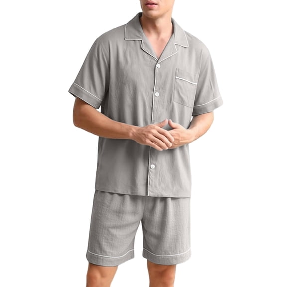 Dagugfen Pajama Sets for Men Button down Short Sleeve Shirts Elastic Waisted Loose Fitted Breathable Sleepwear Sets(XL,Gray)