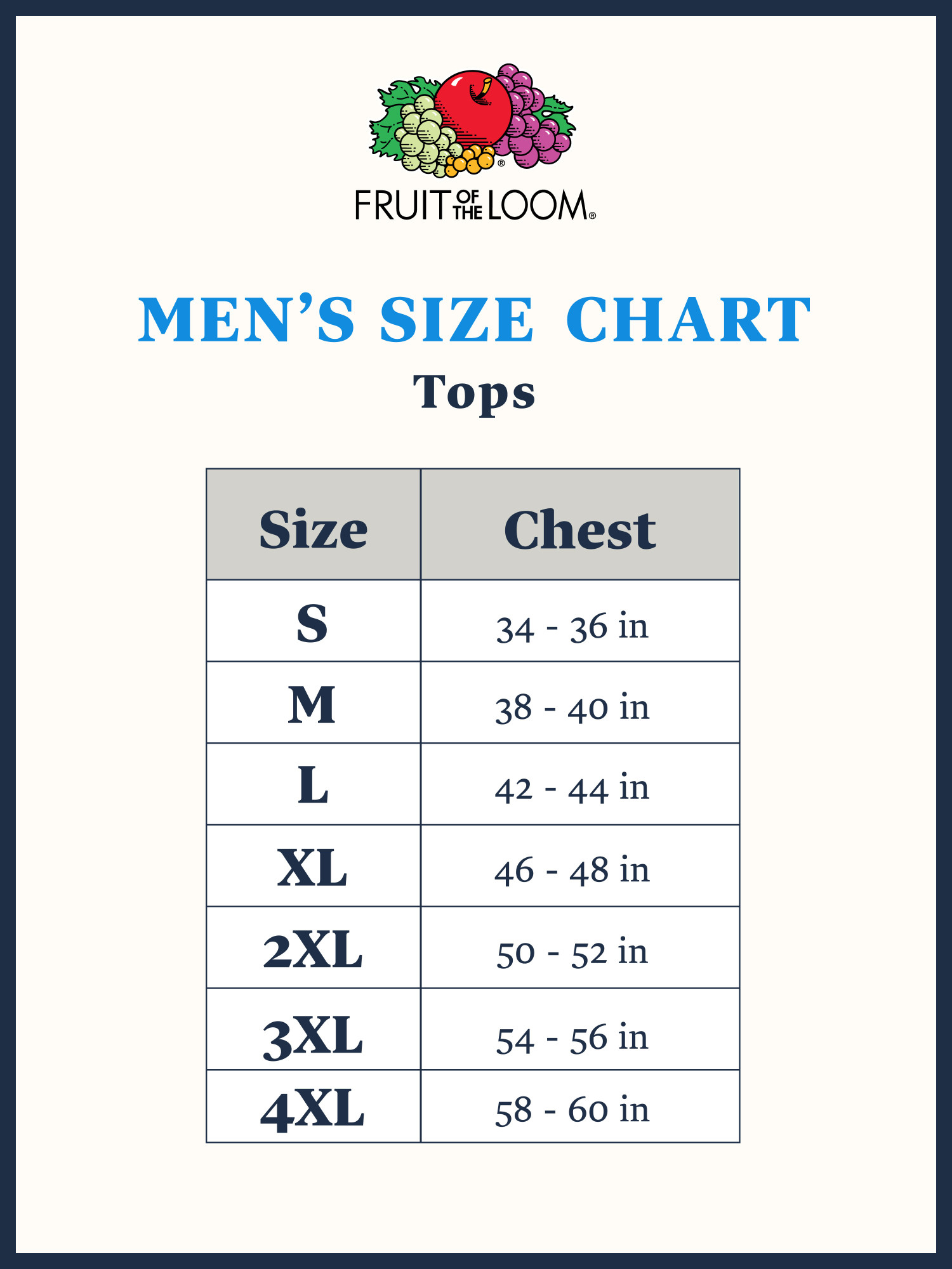 fruit of the loom zip hoodie size chart