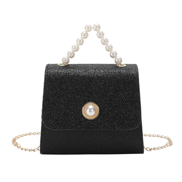 Adecuado para mujeres que buscan una bolsa pequeña con hebilla de perla, de moda, con cadena, para hombro y bandolera. Negro