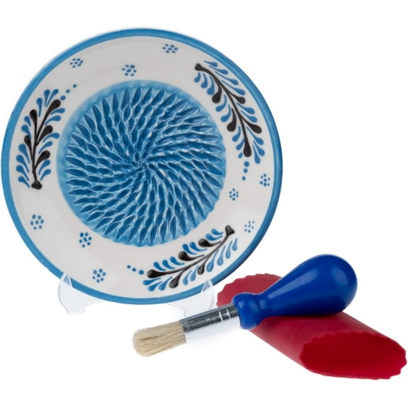 Ceramic Garlic Grater Plate - Handmade 4 Pcs Press - Natural Grinder - Decorative Mincer - Ginger, Cheese Grater - Hand Dish for Garlic (Blue)