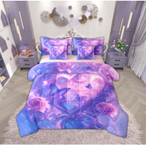 Manfei Romantic Rose Flower Bedding Comforter Set 7pcs for Female, Dreamy Love Heart Queen Bedding Sets, Mystic Blue Butterfly Reversible Queen Sheet Sets, Breathable Home Decor