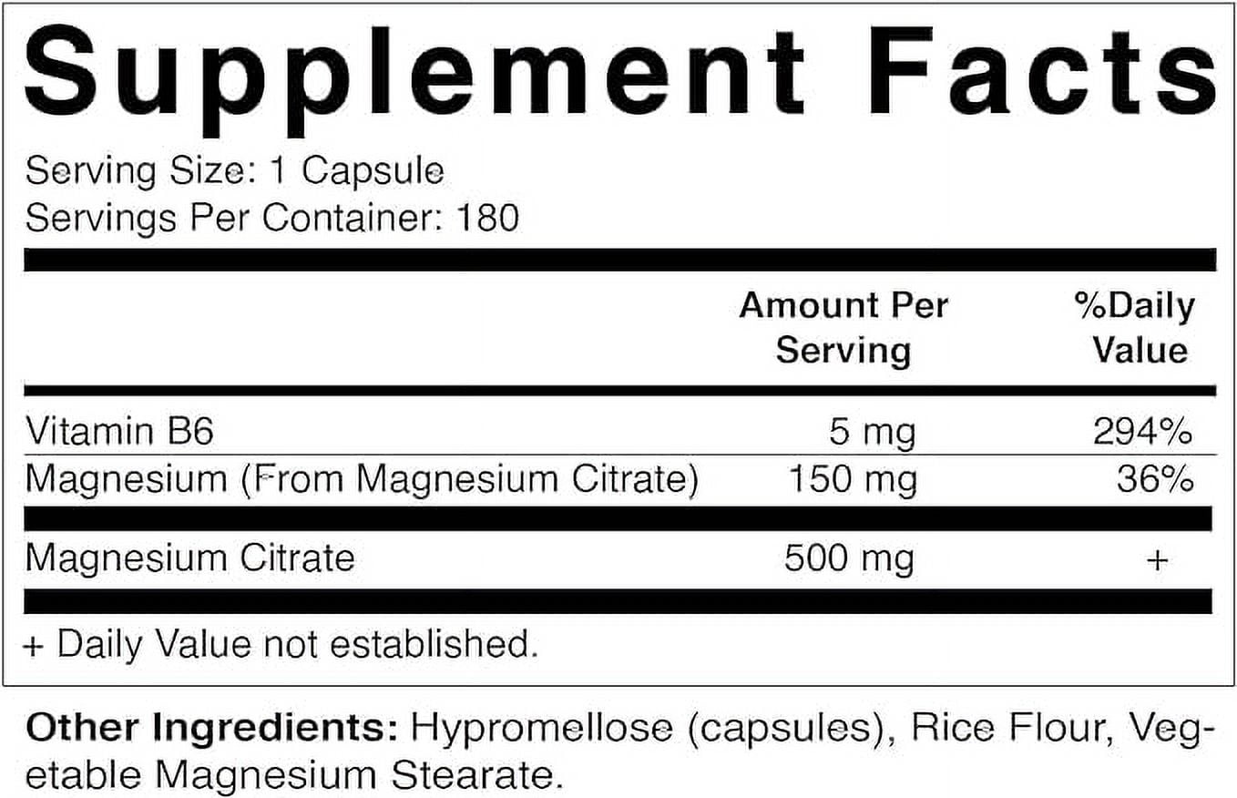 Vitamatic Magnesium Citrate 500mg per Serving - 180 Vegetarian Capsules (Provides 150 mg of Elemental Magnesium) - Added B6 for Maximum Absorption - Supports Muscle, Joint, and Heart Health*