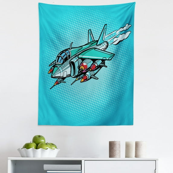 Airplane Tapestry, Pop Art Retro Graphic Flying Cartoon Vehicle Comic Book on Halftone, Fabric Wall Hanging Decor for Bedroom Living Room Dorm, 5 Sizes, Dark Seafoam Multicolor, by Ambesonne