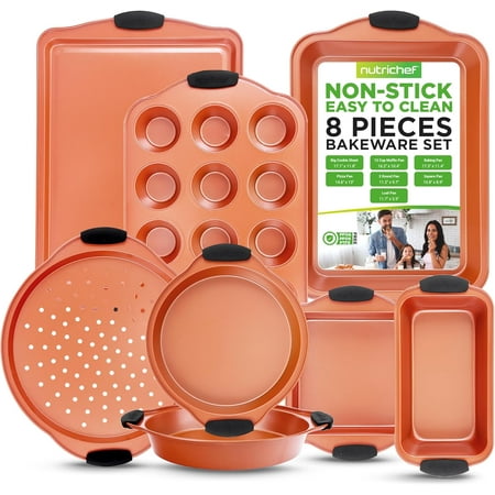NutriChef 8 Piece Baking Pans Set - Nonstick Carbon Steel Bakeware Set w/ Silicone Heat-Safe Handles - Includes Loaf Pan, Muffin Pan, Cookie Sheets, Pizza Crisper, Roasting Pans - Copper