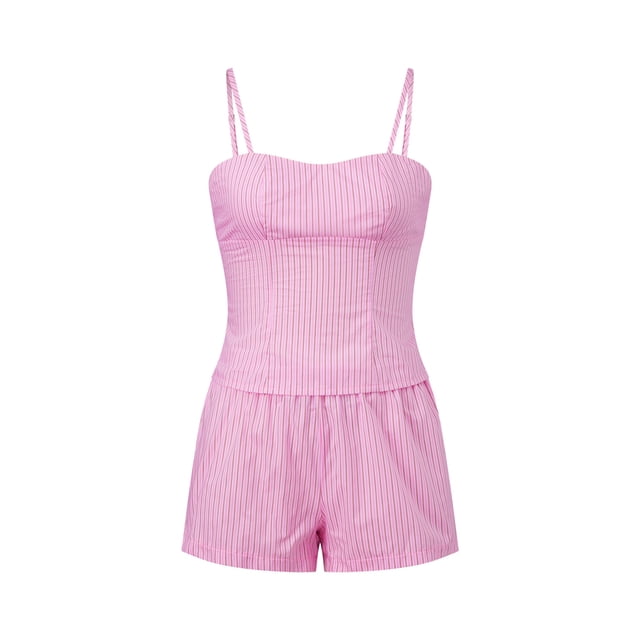 Conjunto de ropa de verano para mujer: top de tirantes finos sin mangas con estampado de rayas y shorts con cintura elástica (2 piezas).